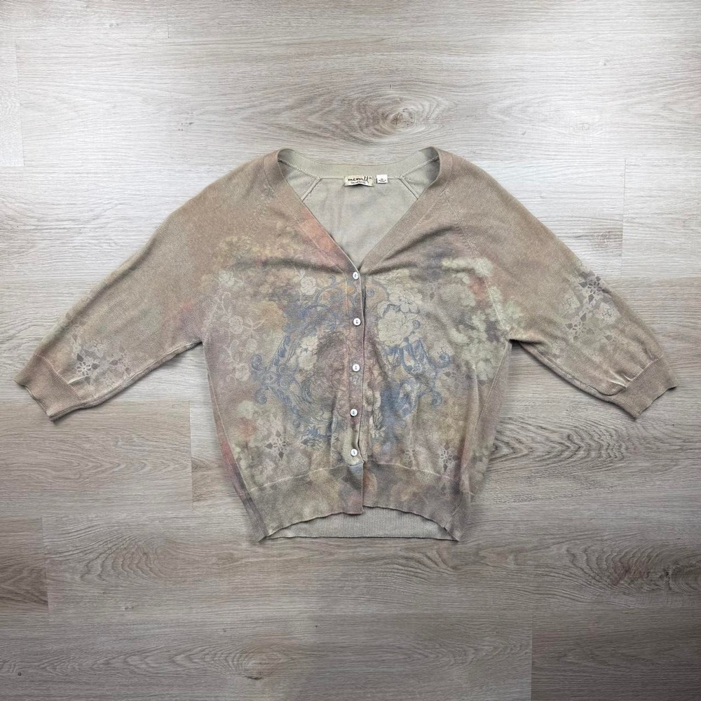 One World Live and Let Live Floral Abstract Fine Knit Cardigan Sweater XL